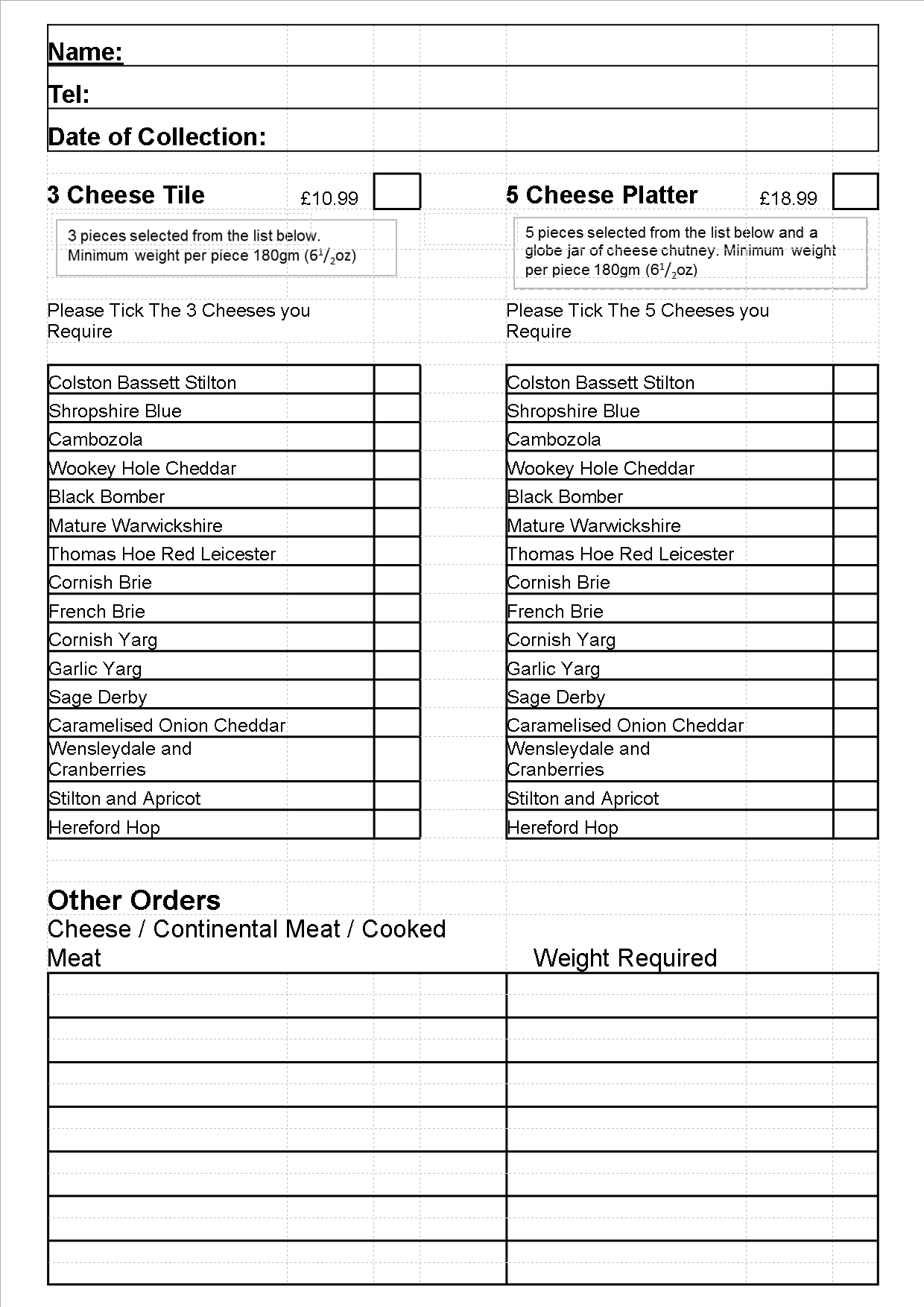 Cheese Order Form Malt Kiln
